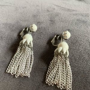 Super vintage glam white dangle clip earring pair